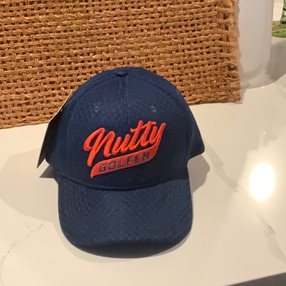 NUTTY GOLFER navy blue and red Golf Hat Cap Embroidered Appliqué S/M nwt